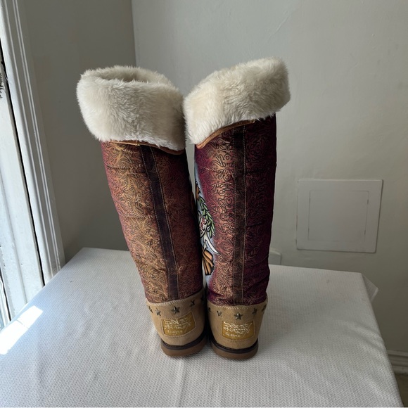 Ed Hardy Y2K Fur Star Studded Graphic Boots - Picture 3 of 7
